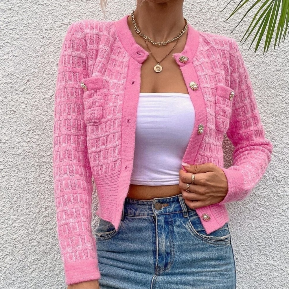 Pink Casual Womens Pocket Patched Button Front Cardigan - Picture 3 of 6